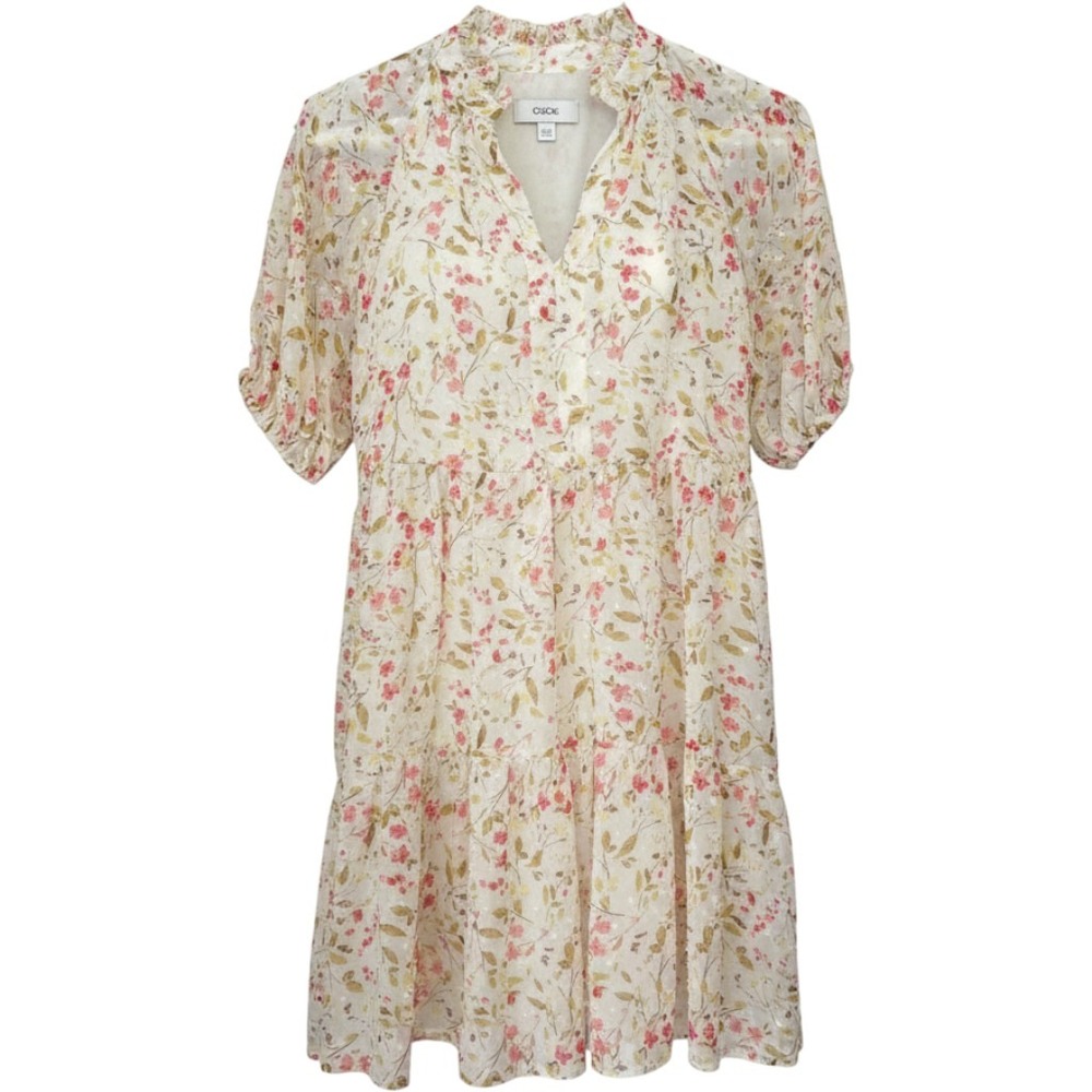 CeCe Floral Clip Dot Tiered Mini Dress Pink Green Ruffle Neck Small